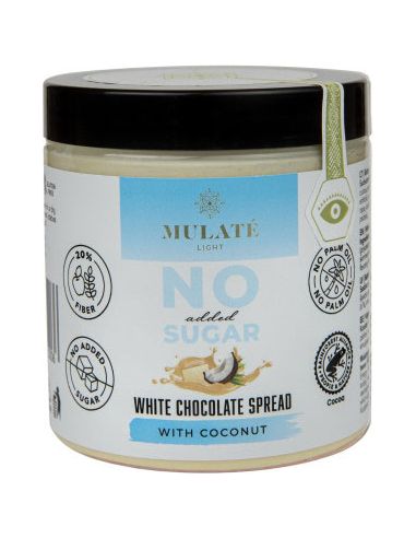 Krem biała czekolada i kokos bez cukru 280g MULATE LIGHT - najlepiej spożyć przed: 27.09.2024